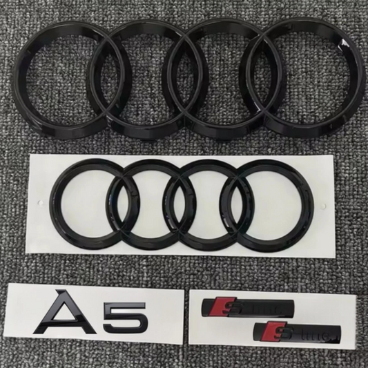 KIT completo LOGHI AUDI A5 - Nero lucido - Fregi anteriore posteriore targhetta A5