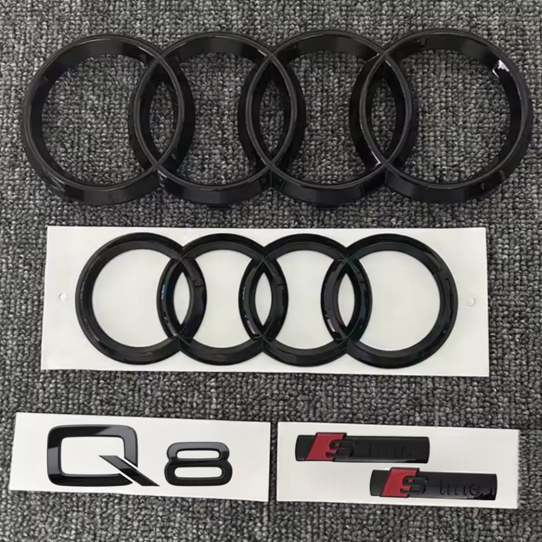 KIT completo LOGHI AUDI Q8 - Nero lucido - Fregi anteriore posteriore targhetta Q8