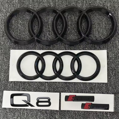 KIT completo LOGHI AUDI Q8 - Nero lucido - Fregi anteriore posteriore targhetta Q8