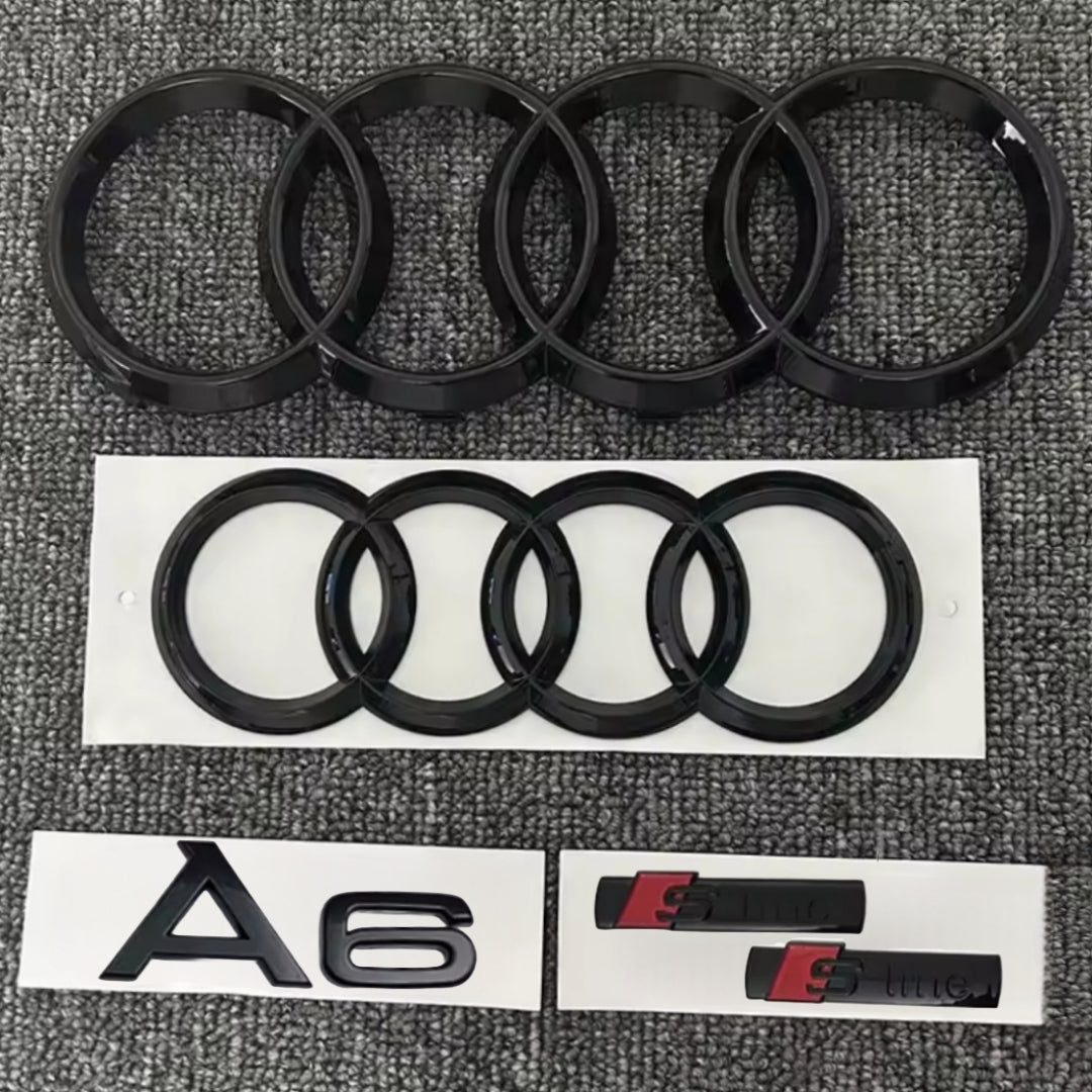 KIT completo LOGHI AUDI A6 - Nero lucido - Fregi anteriore posteriore targhetta A6