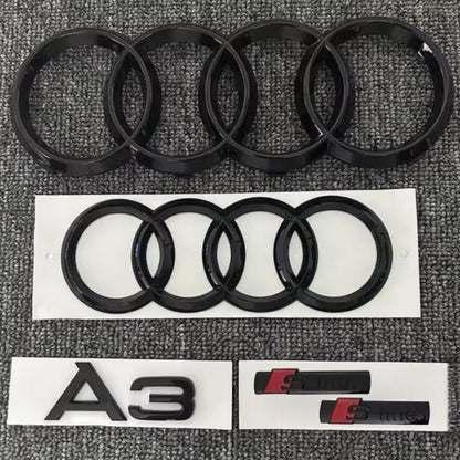 KIT completo LOGHI AUDI A3 - Nero lucido - Fregi anteriore posteriore targhetta A3